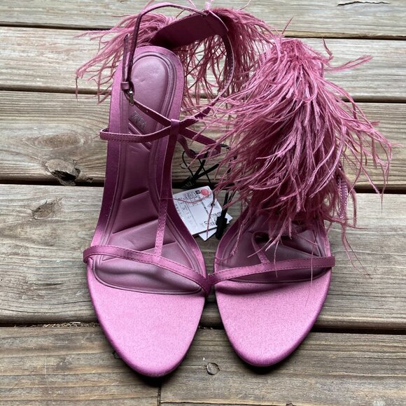 ZARA Mauve Pink Satin Feather Embellished High Stiletto Heel Strappy Sandals 40 - Picture 2 of 11